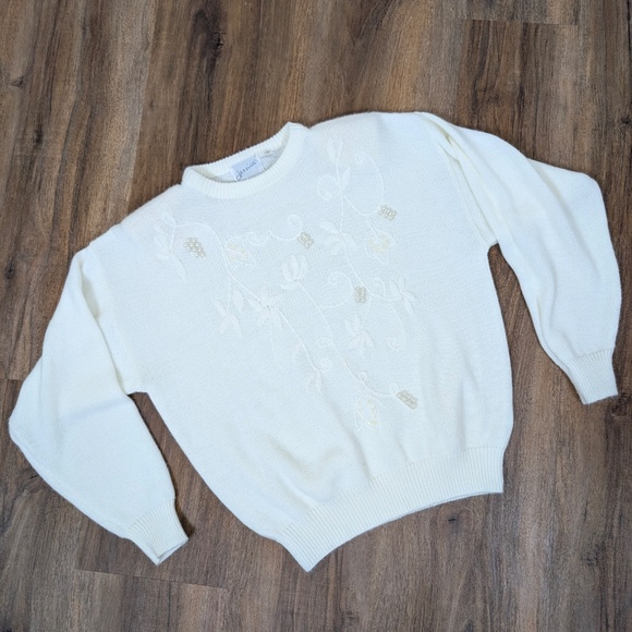 90s Knit Sweater Embroidered Sequins Embellished Crewneck Long Sleeve - Picture 8 of 9